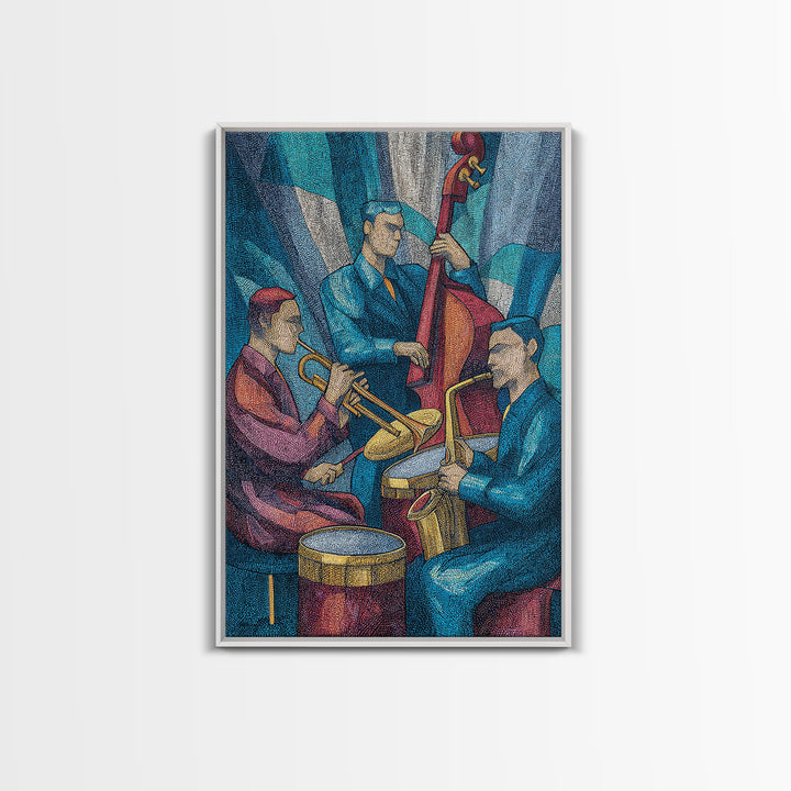 Colorful Jazz Band Trumpet Bass Drums Framed Canvas Print, Midcentury Modern Wall Art, Music Room Decor, Retro Poster Gift