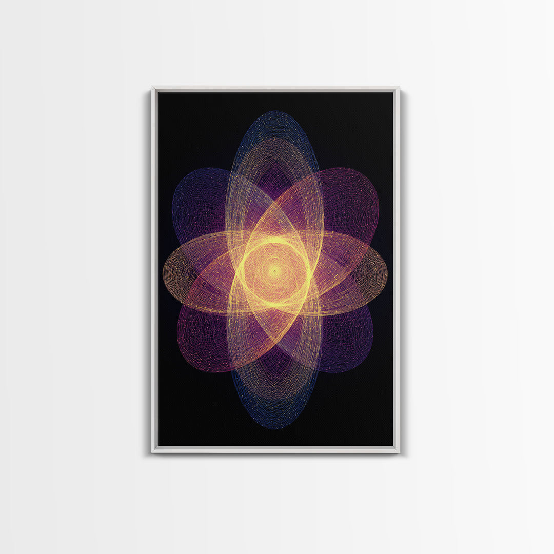 Radiant Purple Gold Atomic Flower Framed Canvas Print, Midcentury Modern Wall Art, Cosmic Geometric Art, Retro Decor Poster
