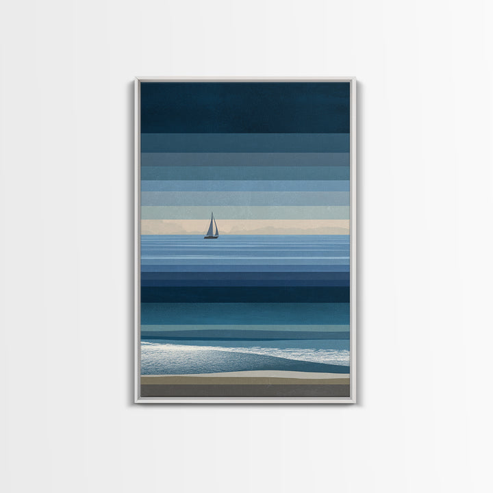 Minimal Blue Sailboat Seascape Wall Art, Coastal Landscape Art Print, Modern Wall Decor, Calm Ocean Nautical Home Decor Gift