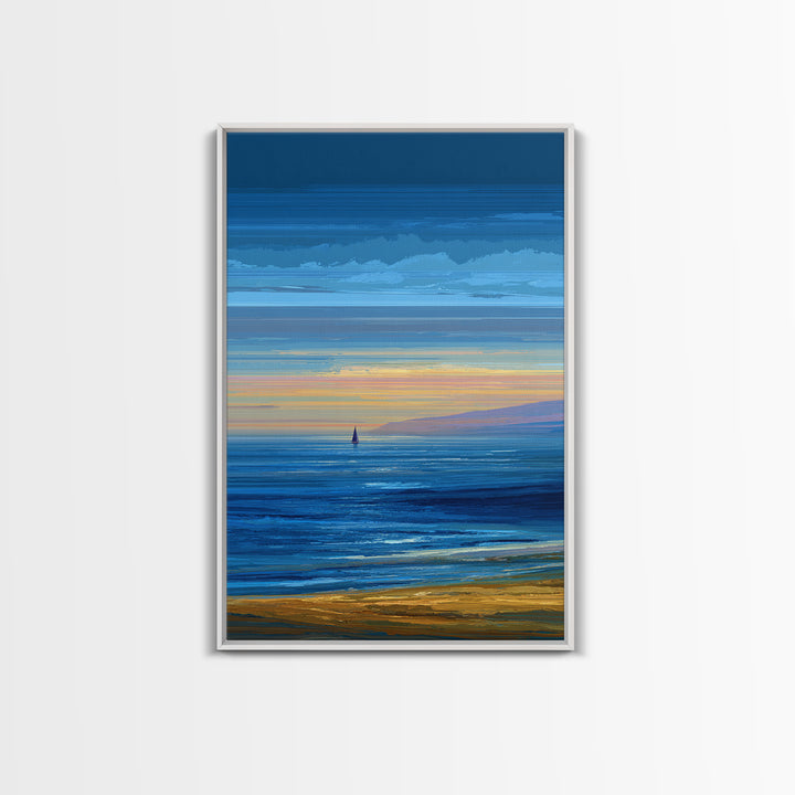 Blue Coastal Sunset Sailboat Framed Canvas Print, Ocean Beach Wall Art, Modern Landscape Art, Nautical Living Room Decor