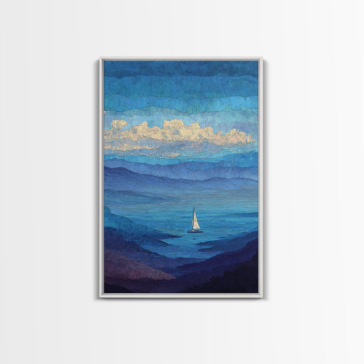 Textured Blue Mountain Lake Sailboat Wall Art, Scenic Coastal Landscape Print, Modern Home Decor, Peaceful Nature Artwork