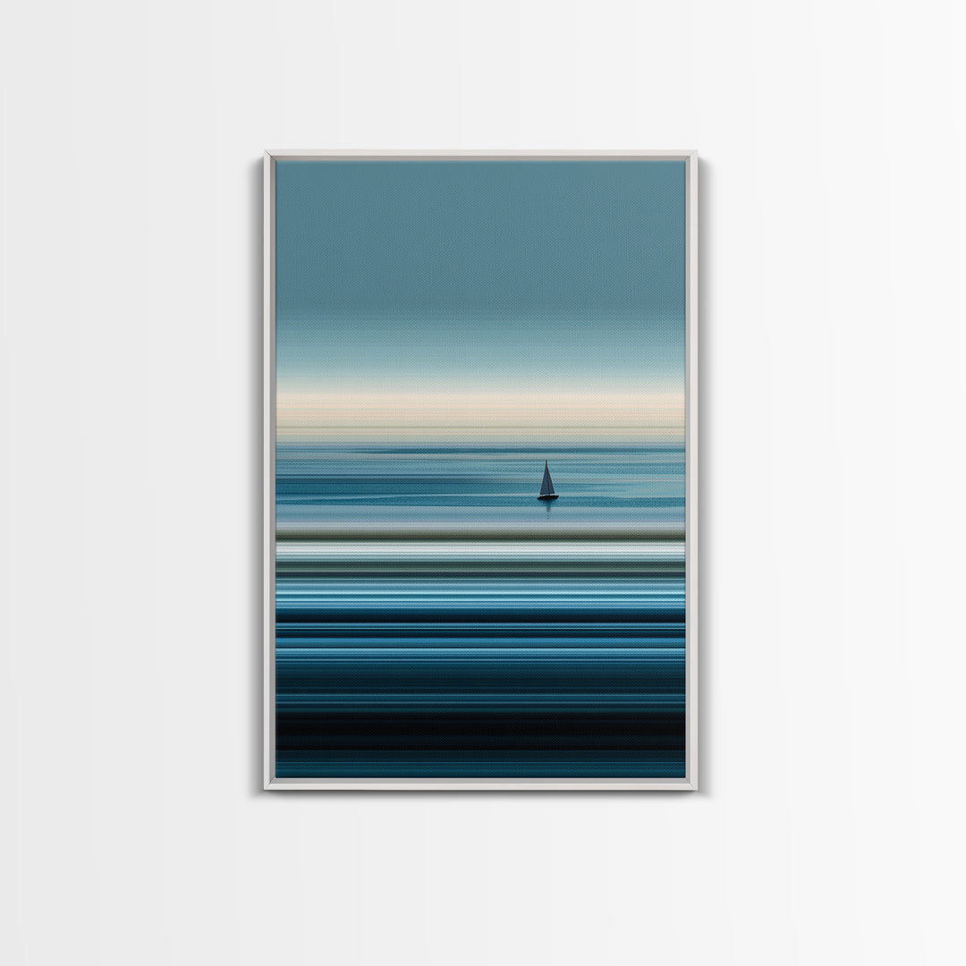 Minimalist Calm Sea Sailboat Canvas Print, Blue Horizontal Ocean Wall Art, Modern Coastal Decor, Serene Home Office Art Print