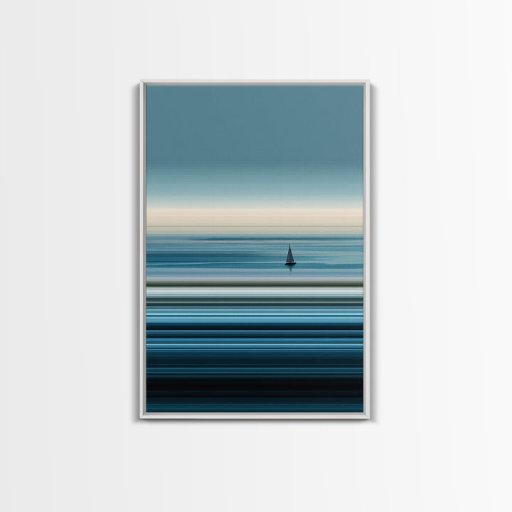 Minimalist Calm Sea Sailboat Canvas Print, Blue Horizontal Ocean Wall Art, Modern Coastal Decor, Serene Home Office Art Print