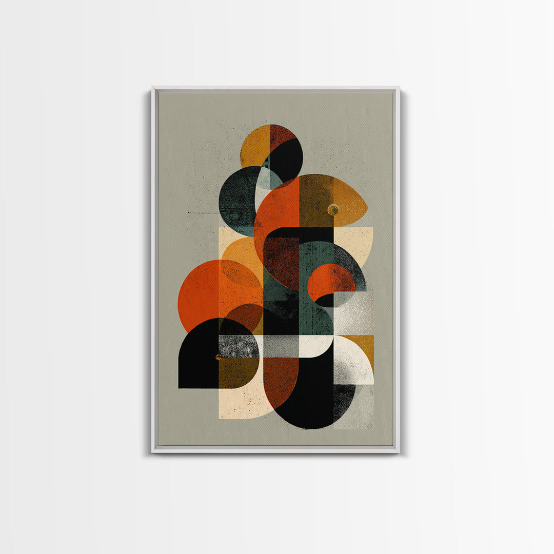Orange Teal Midcentury Geometric Abstract Canvas Print, Modern Wall Art, Bauhaus Shapes, Retro MCM Home Decor Poster Gift