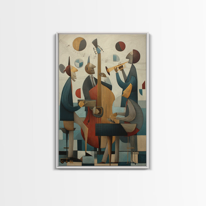 Cubist Jazz Trio With Upright Bass And Trumpet Wall Art, Midcentury Modern Art Print, Music Room Decor, Framed Canvas Print