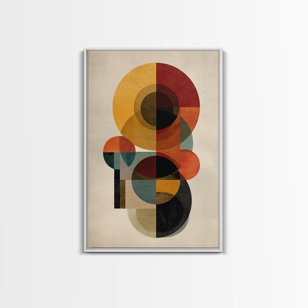 Ochre Red Teal Circle Abstract Framed Canvas Print, Midcentury Modern Wall Art, Geometric Bauhaus Home Decor Poster Print Gift