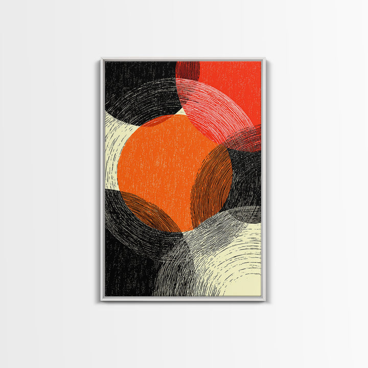 Orange Red Linear Circles Canvas Print, Midcentury Abstract Art, Retro Geometric Wall Decor, Bold Modern MCM Poster, Home Decor