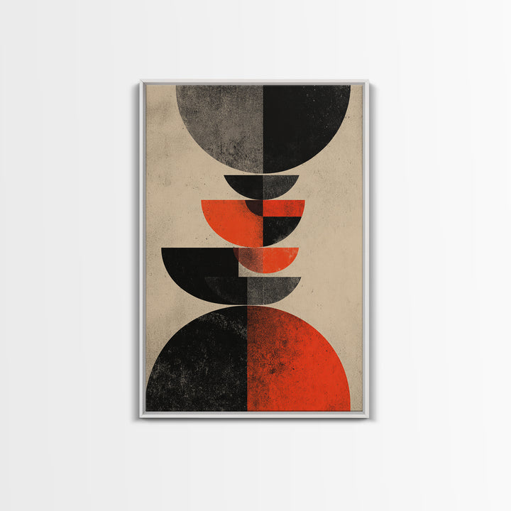 Stacked Red Black Semicircle Canvas Print, Midcentury Modern Abstract Art, Geometric Bauhaus Poster, Minimalist Decor For Living Room