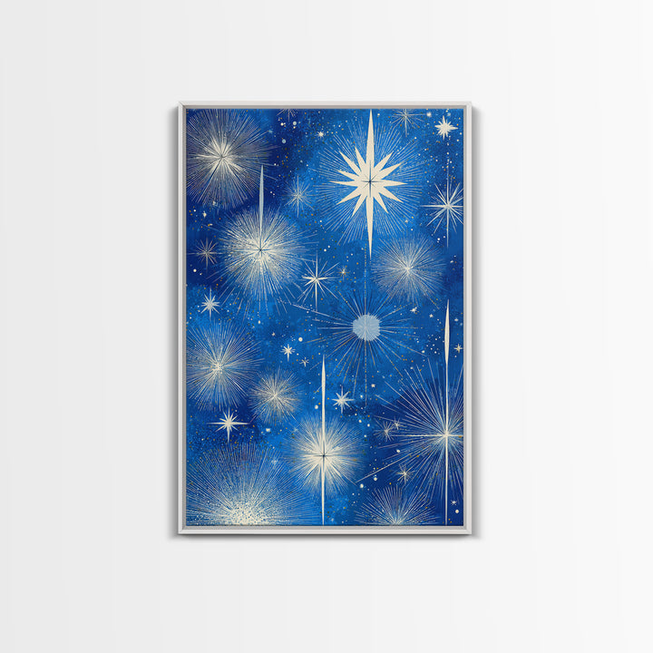 Blue Atomic Starburst Sky Wall Art, Midcentury Modern Celestial Print, Retro Space Poster, Minimalist MCM Home Decor, Blue And White