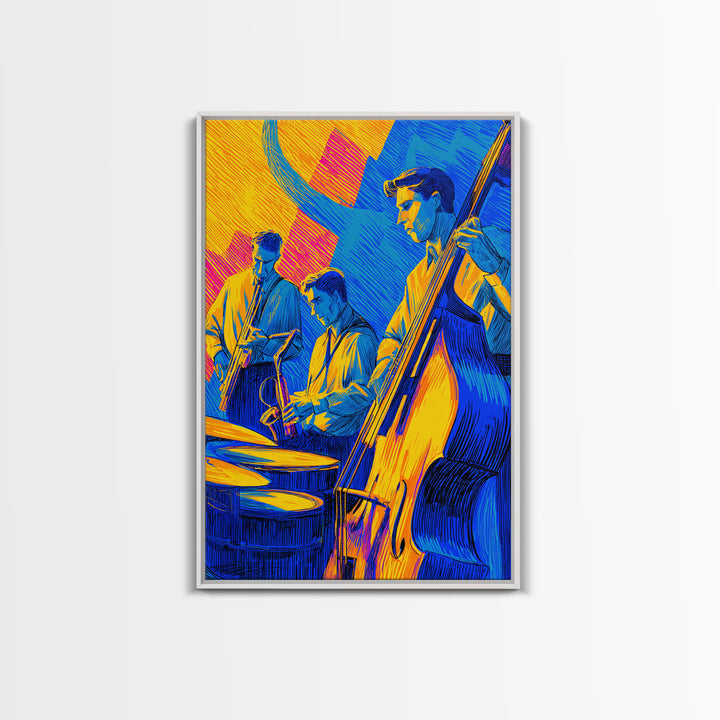 Neon Blue Yellow Jazz Trio Canvas Print, Bold Modern Wall Art, Colorful Music Poster, Midcentury Decor, Large Art Print Gift