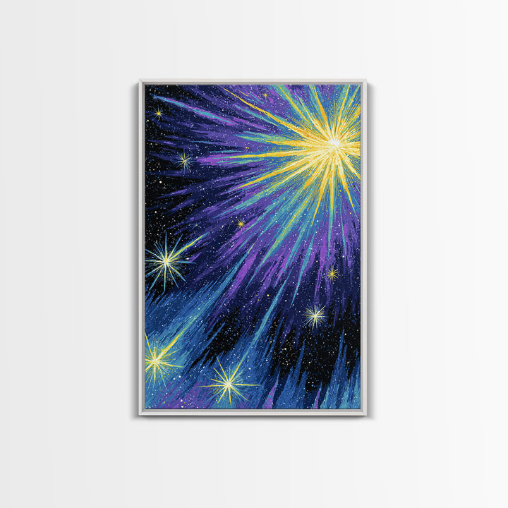 Radiant Comet Starburst Night Sky Framed Canvas Print, Cosmic Retro Wall Art, Space Abstract Art, Modern Home Decor, Gallery Wall Art