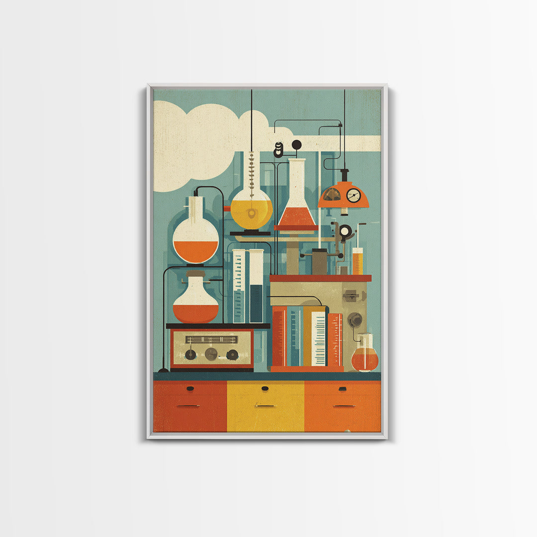 Midcentury Science Lab Beakers Canvas Print, Retro Chemistry Wall Art, Atomic Modern Decor, Office Poster, Orange MCM Art