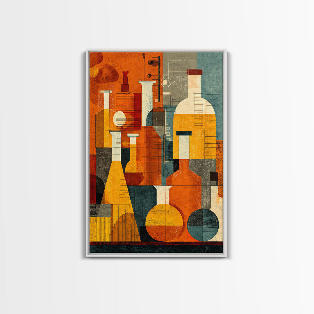 Abstract Chemistry Bottles Wall Art, Midcentury Modern Canvas Print, Atomic Science Poster, Orange Teal Office Decor, MCM Decor