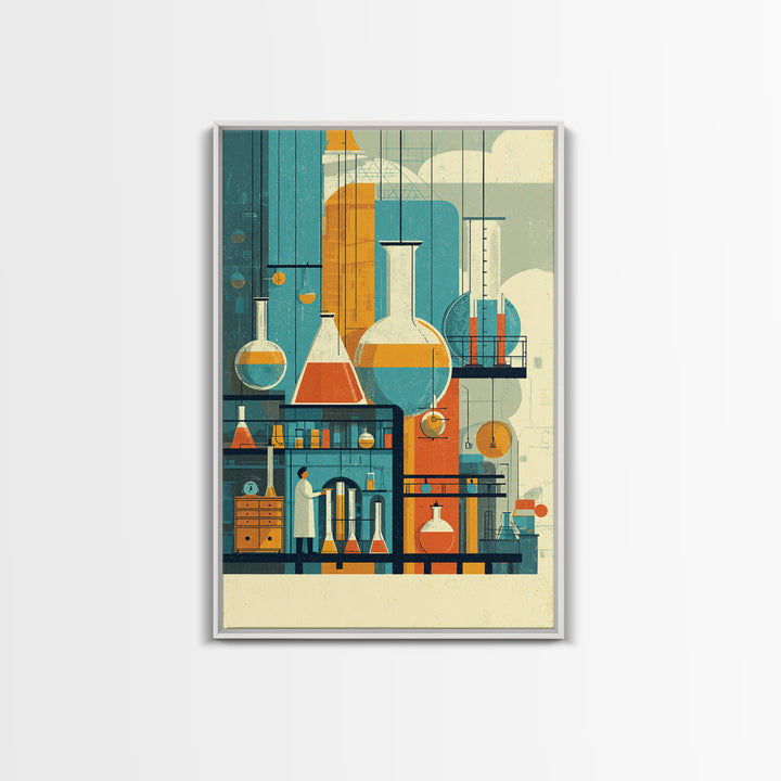 Towering Science Lab Glassware Wall Art, Midcentury Modern Canvas Print, Retro Chemistry Poster, Atomic Office Decor, MCM Art