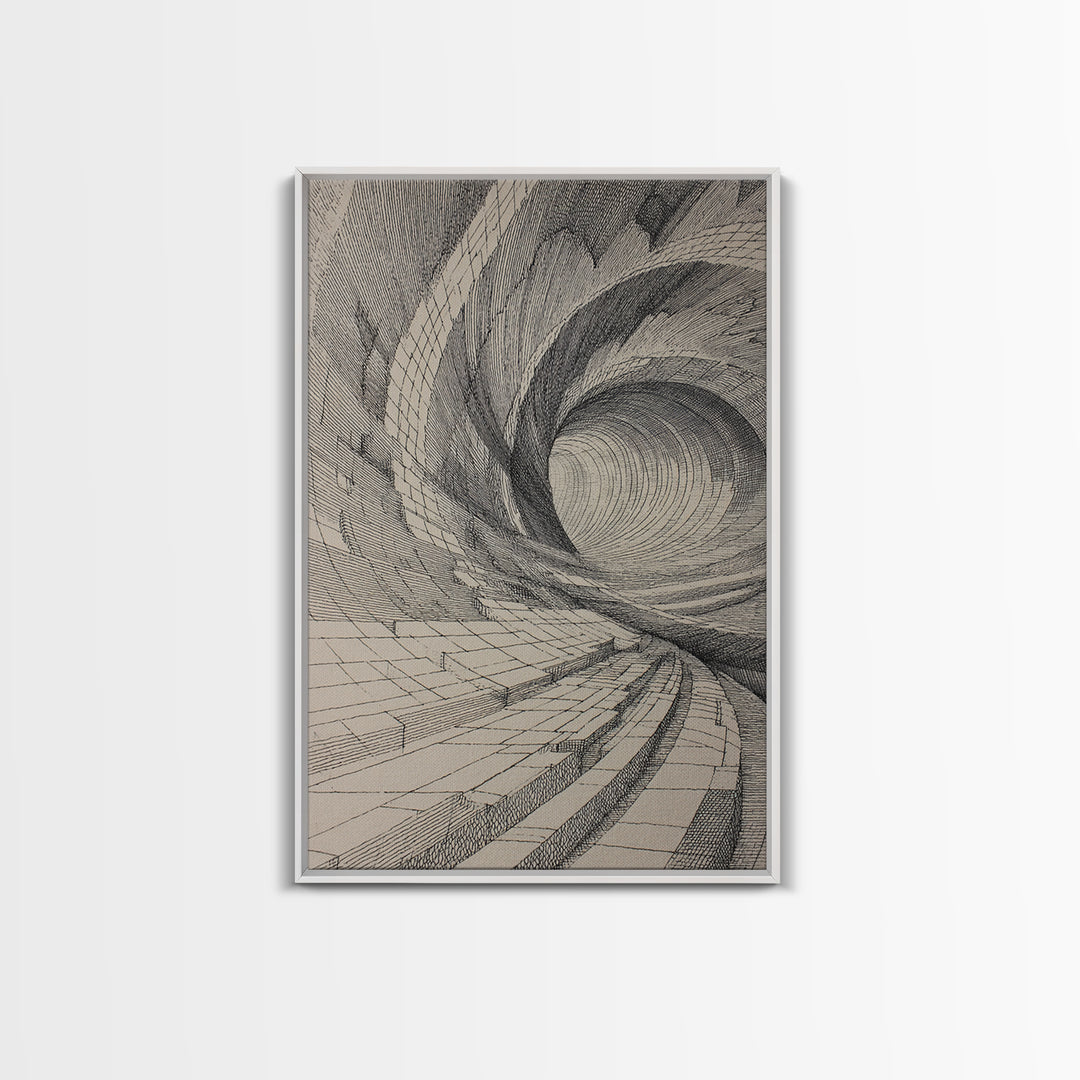 Architectural Tunnel Perspective Canvas Print, Modern Abstract Wall Art, Black Beige Geometric Lines, Office Decor Gift Print