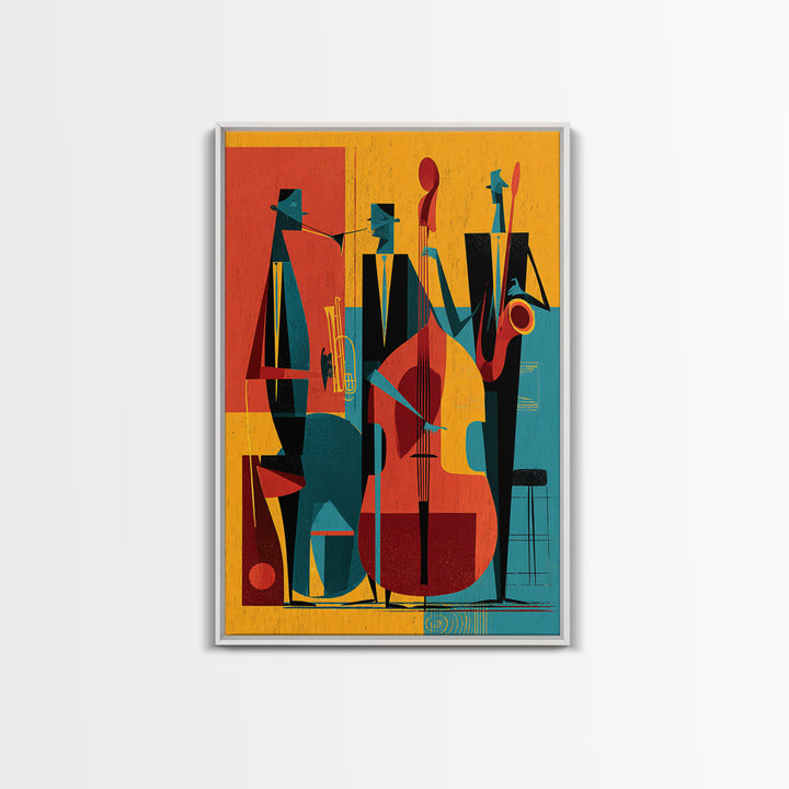 Retro Abstract Jazz Band With Bass And Saxophone Wall Art, Midcentury Modern Poster, Orange Teal Decor, Framed Canvas Print