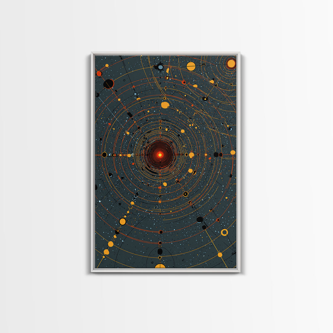Orange Orbital Solar System Canvas Print, Midcentury Space Wall Art, Atomic Retro Poster, Modern Office Decor, Sci Fi Art