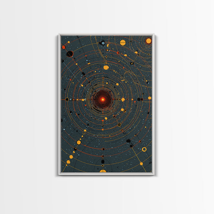 Orange Orbital Solar System Canvas Print, Midcentury Space Wall Art, Atomic Retro Poster, Modern Office Decor, Sci Fi Art