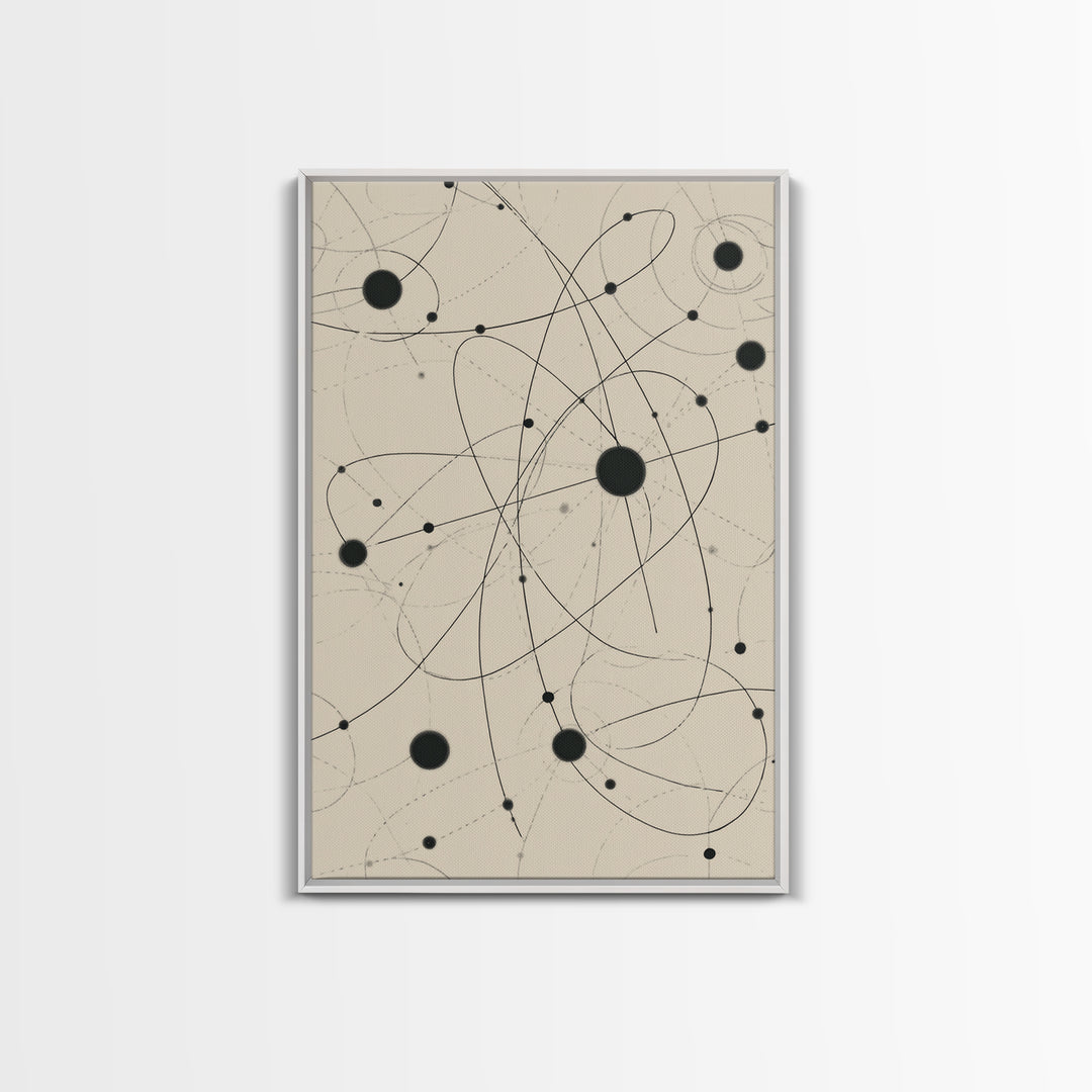 Beige Atomic Orbit Lines Canvas Print, Midcentury Modern Art Print, Geometric Wall Art, Retro Science Decor For Office Space