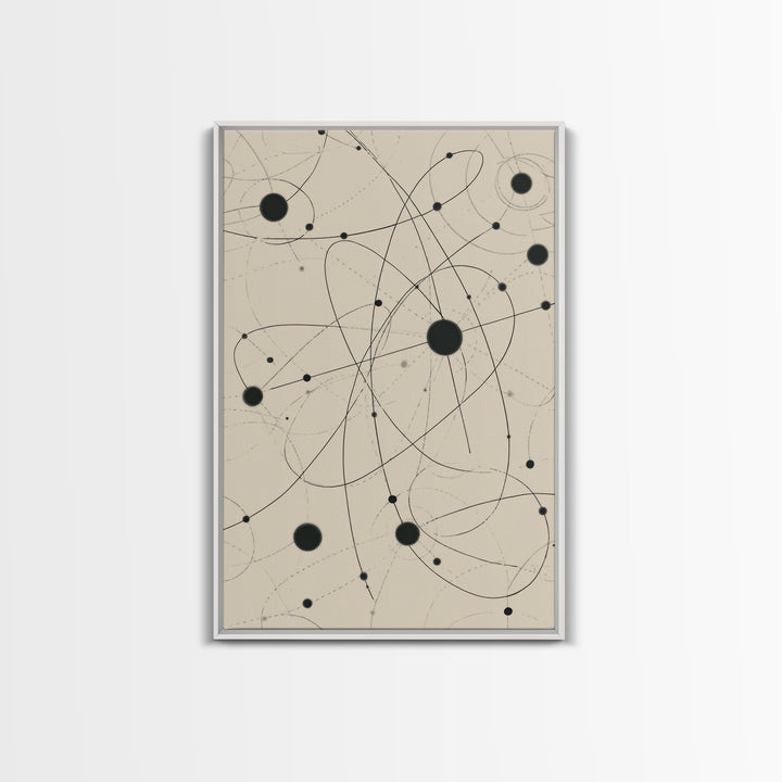 Beige Atomic Orbit Lines Canvas Print, Midcentury Modern Art Print, Geometric Wall Art, Retro Science Decor For Office Space