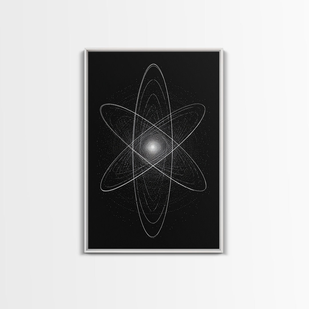 White Atomic Starburst On Black Framed Canvas Print, Modern Wall Art, Space Abstract Art, Science Poster For Home Office