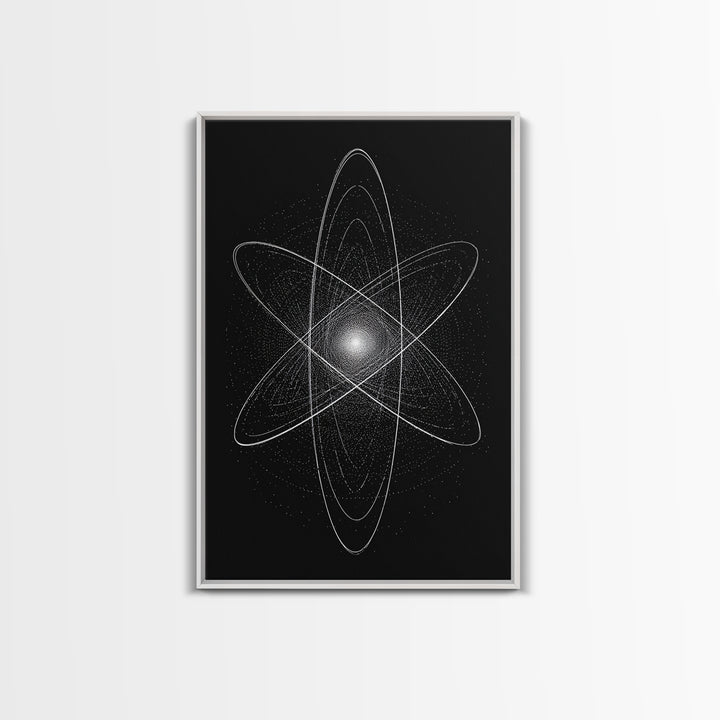 White Atomic Starburst On Black Framed Canvas Print, Modern Wall Art, Space Abstract Art, Science Poster For Home Office