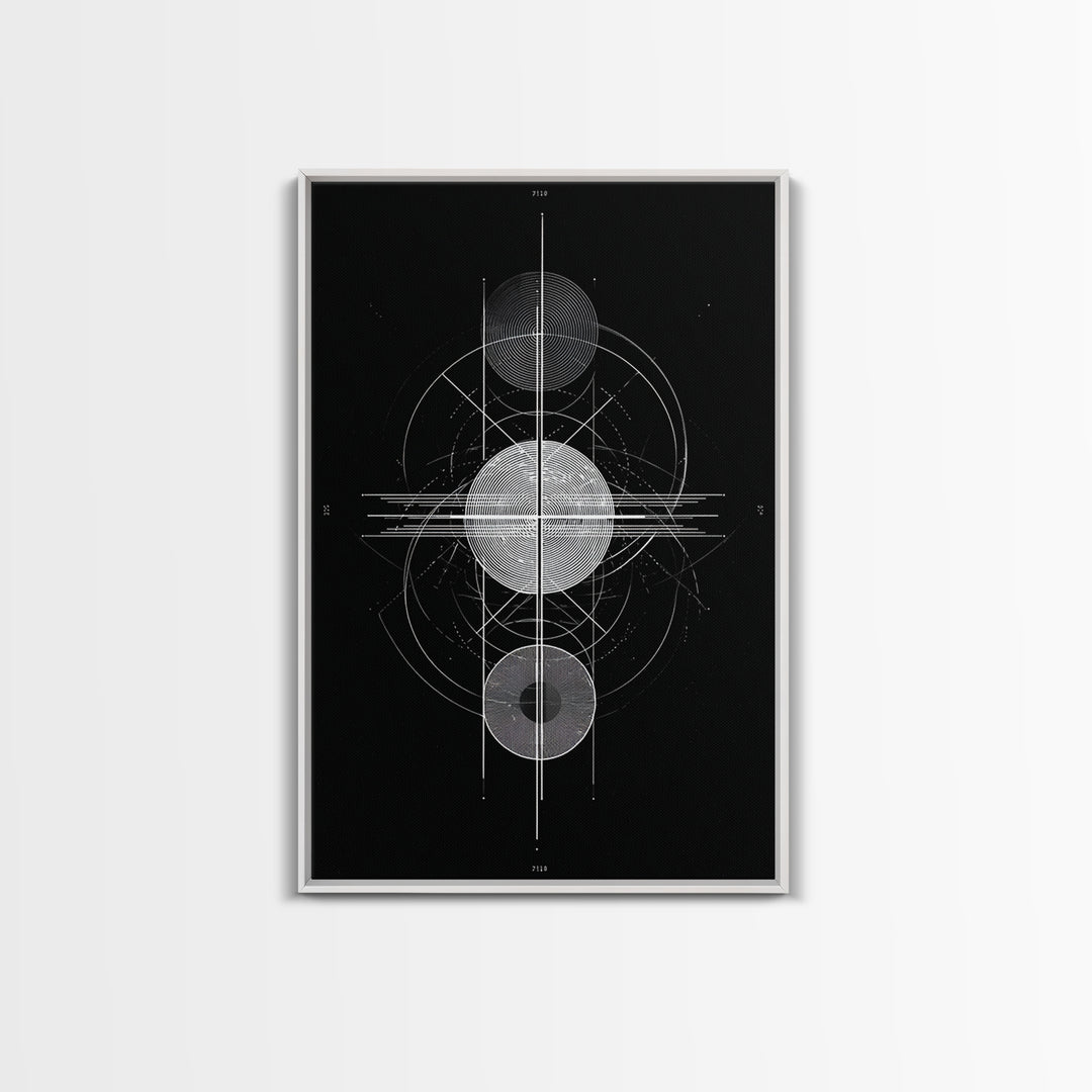 Monochrome Planet Alignment Diagram Wall Art, Modern Geometric Art Print, Midcentury Atomic Decor, Black Space Poster Print
