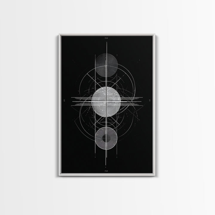 Monochrome Planet Alignment Diagram Wall Art, Modern Geometric Art Print, Midcentury Atomic Decor, Black Space Poster Print