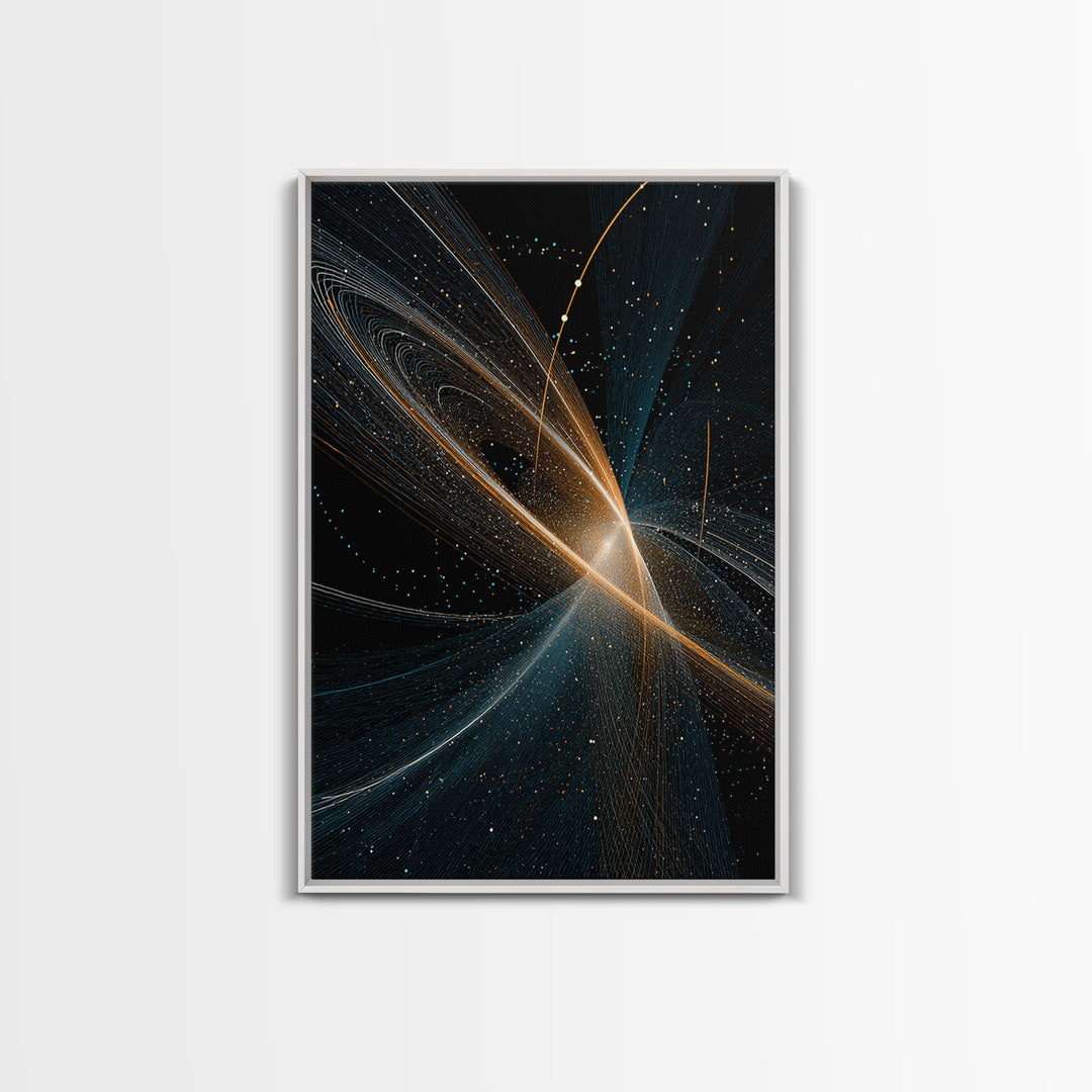 Gold And Blue Cosmic Light Trails Framed Canvas Print, Modern Abstract Wall Art, Space Decor, Large Sci Fi Retro Art Print