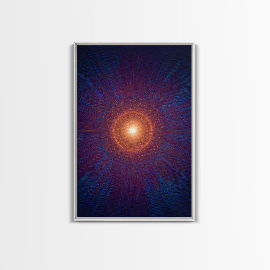Radiant Orange Cosmic Halo With Blue Purple Rays Wall Art, Midcentury Modern Art, Abstract Space Poster, Mcm Wall Decor Print