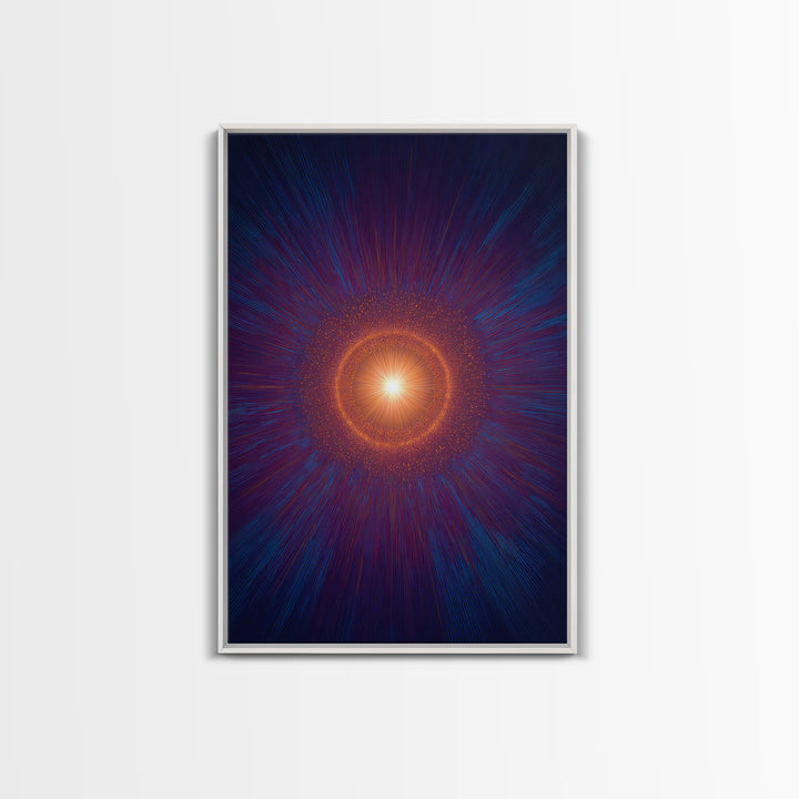 Radiant Orange Cosmic Halo With Blue Purple Rays Wall Art, Midcentury Modern Art, Abstract Space Poster, Mcm Wall Decor Print