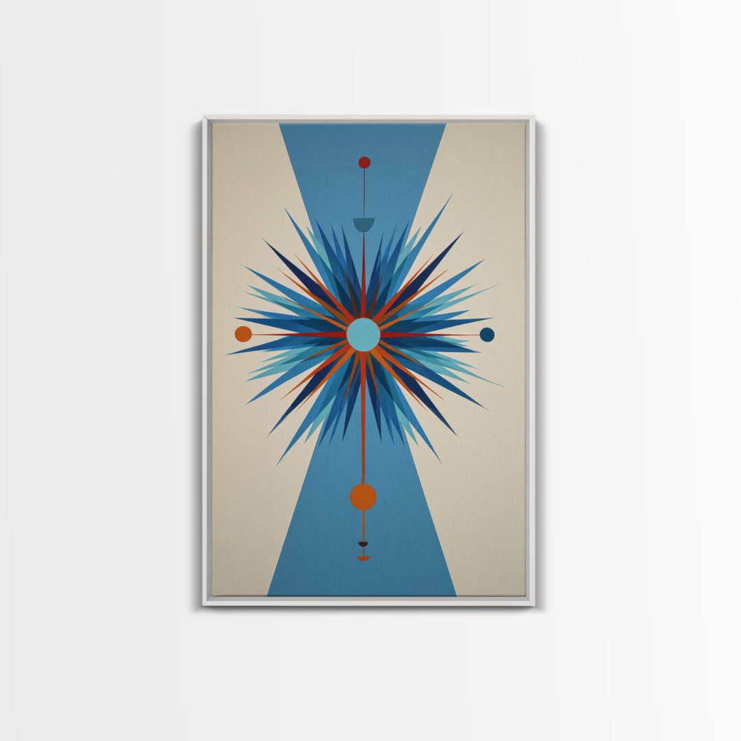 Blue Orange Atomic Starburst On Beige Canvas Print, Midcentury Modern Art, Geometric Wall Art, Retro Mcm Home Decor, 50s Art Print