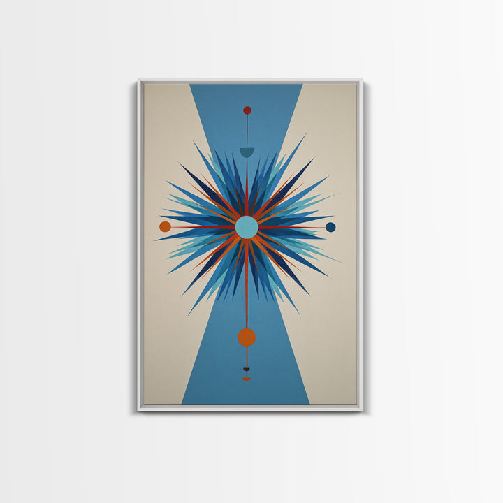Blue Orange Atomic Starburst On Beige Canvas Print, Midcentury Modern Art, Geometric Wall Art, Retro Mcm Home Decor, 50s Art Print