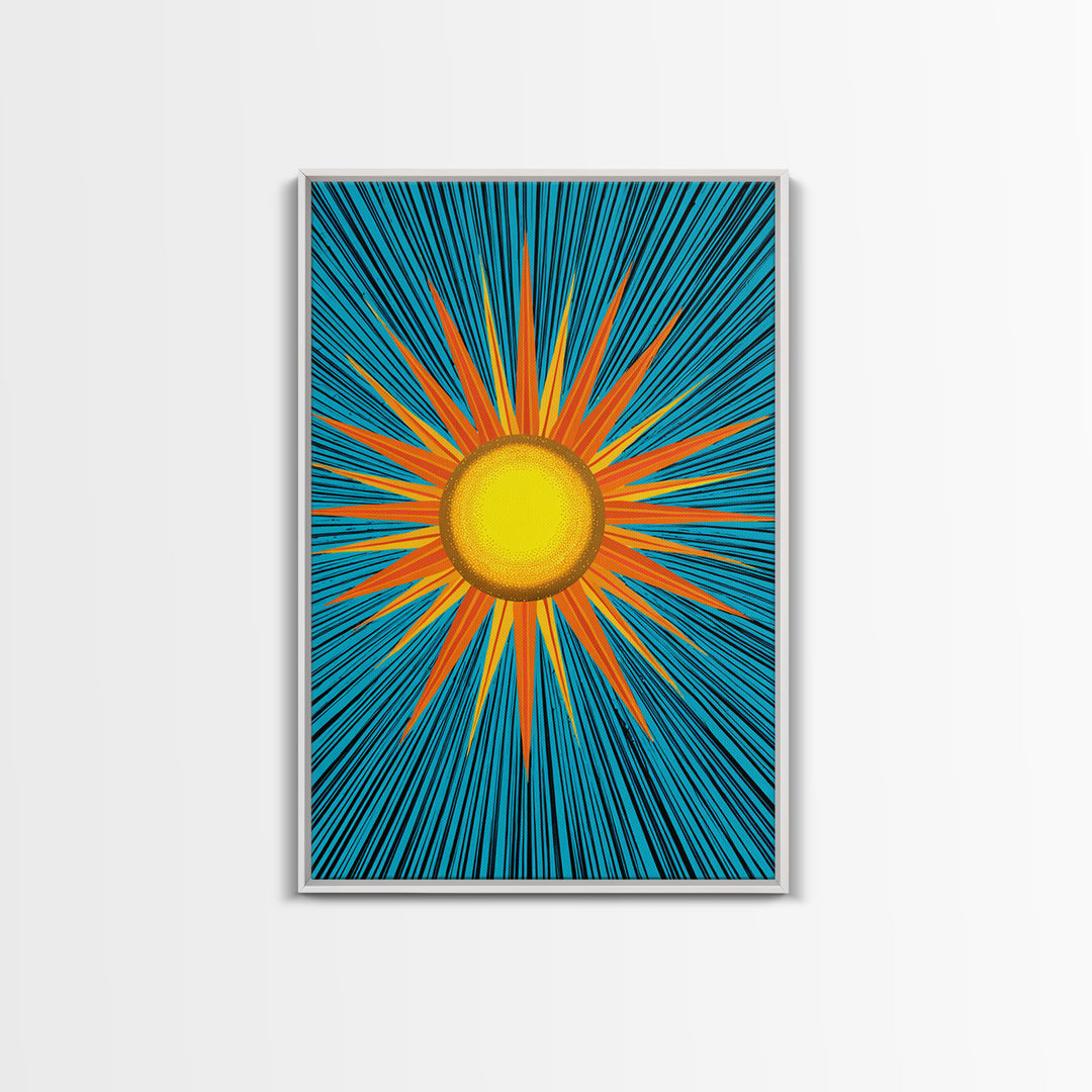 Bright Yellow Sunburst With Turquoise Rays Wall Art, Midcentury Sun, Modern Abstract Art, Retro Pop Art Poster Print, Living Room Decor