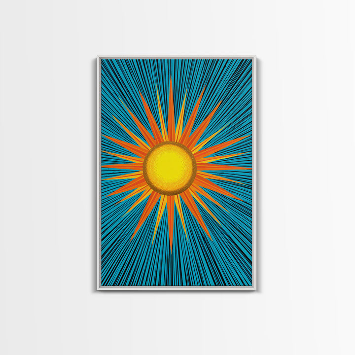 Bright Yellow Sunburst With Turquoise Rays Wall Art, Midcentury Sun, Modern Abstract Art, Retro Pop Art Poster Print, Living Room Decor