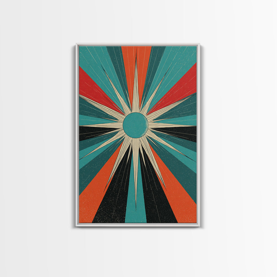 Teal Orange Retro Compass Starburst Framed Canvas Print, Midcentury Wall Art, Geometric Abstract, Atomic Mcm Wall Decor Print