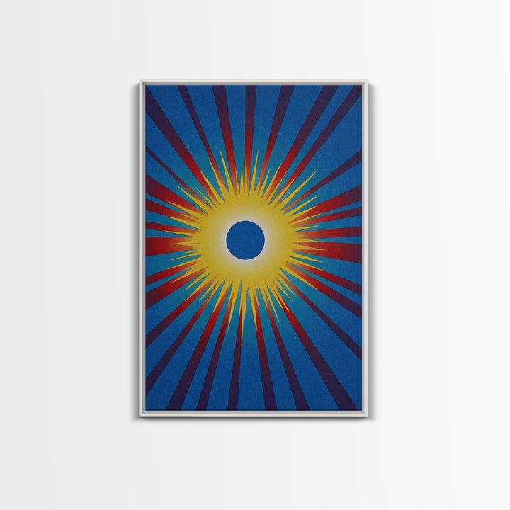 Blue Eclipse Sun With Yellow Burst Wall Art, Midcentury Modern, Space Abstract Art, Retro Poster, Bold Mcm Wall Decor Print