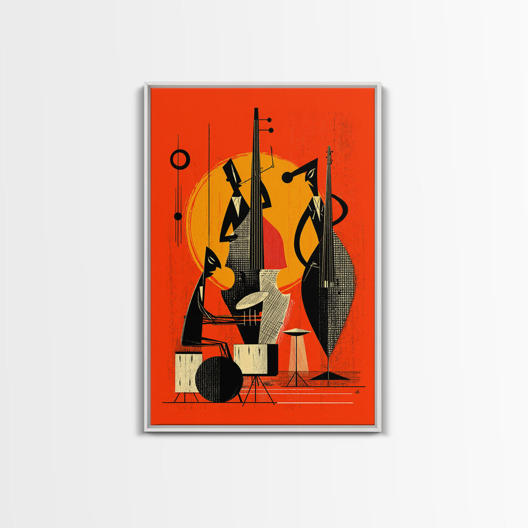 Orange Midcentury Jazz Musicians, Canvas Print, Mid Century Modern Wall Decor, Atomic Abstract Art Poster, Bold Mcm Artwork