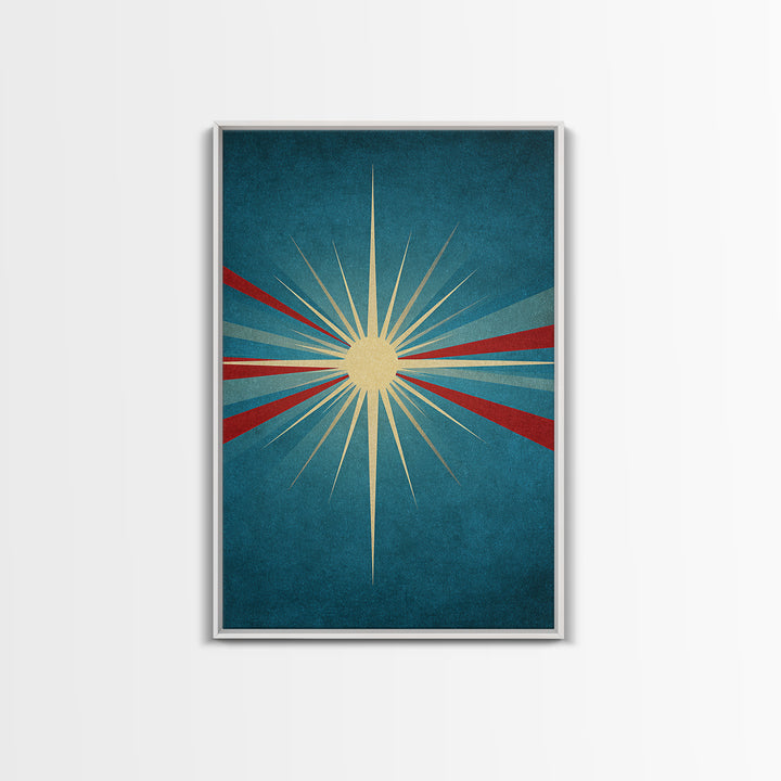 Minimal Teal Starburst With Red Rays Canvas Print, Midcentury Modern Wall Art, Atomic Retro Poster, Mcm Home Decor Print