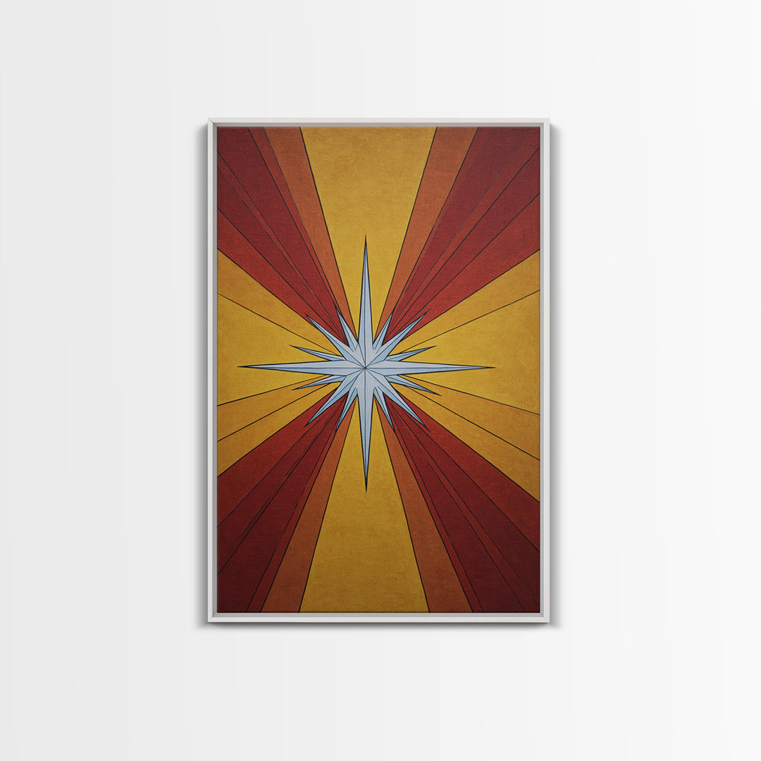 Red Gold Compass Star Canvas Print, Midcentury Modern Art, Atomic Retro Poster, Geometric Wall Decor, 1960s MCM Print Gift