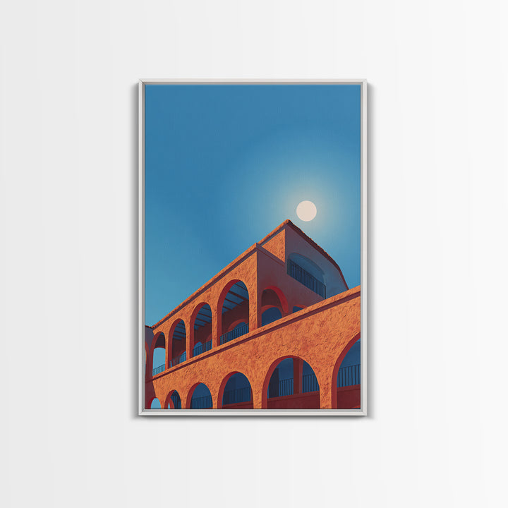 Terracotta Arcade With White Sun Wall Art, Modern Architectural Art, Palm Springs Decor, Orange Blue Travel Poster, MCM Print