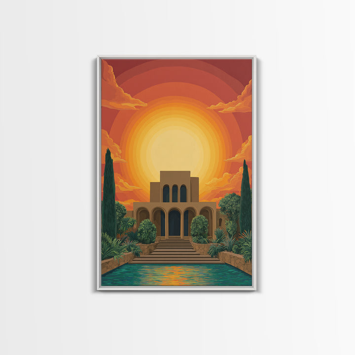 Art Deco Villa Sunset Canvas Print, Midcentury Modern Wall Art, Orange Sun Poster, Tropical Garden Living Room Decor Print