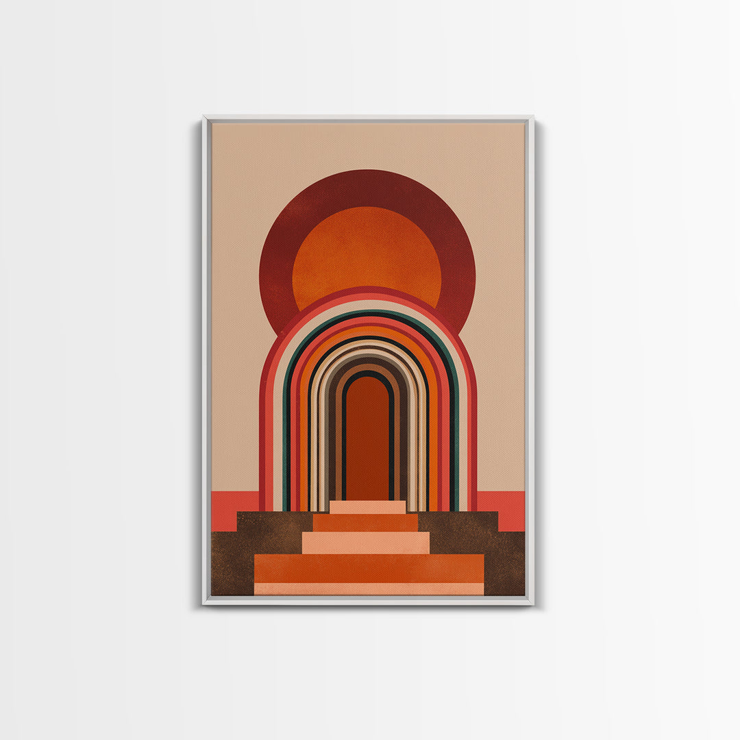 Layered Rainbow Arch Doorway Wall Art, Midcentury Abstract Poster, Geometric Wall Decor, 70s Art Print, Warm Orange MCM Style