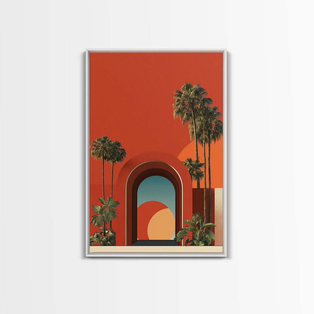 Red Orange Palm Springs Portal Wall Art, Retro Desert Print, Midcentury Modern Decor, Tropical Wall Decor, Bold MCM Poster
