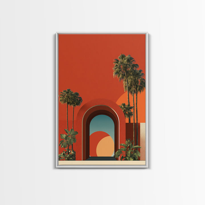 Red Orange Palm Springs Portal Wall Art, Retro Desert Print, Midcentury Modern Decor, Tropical Wall Decor, Bold MCM Poster