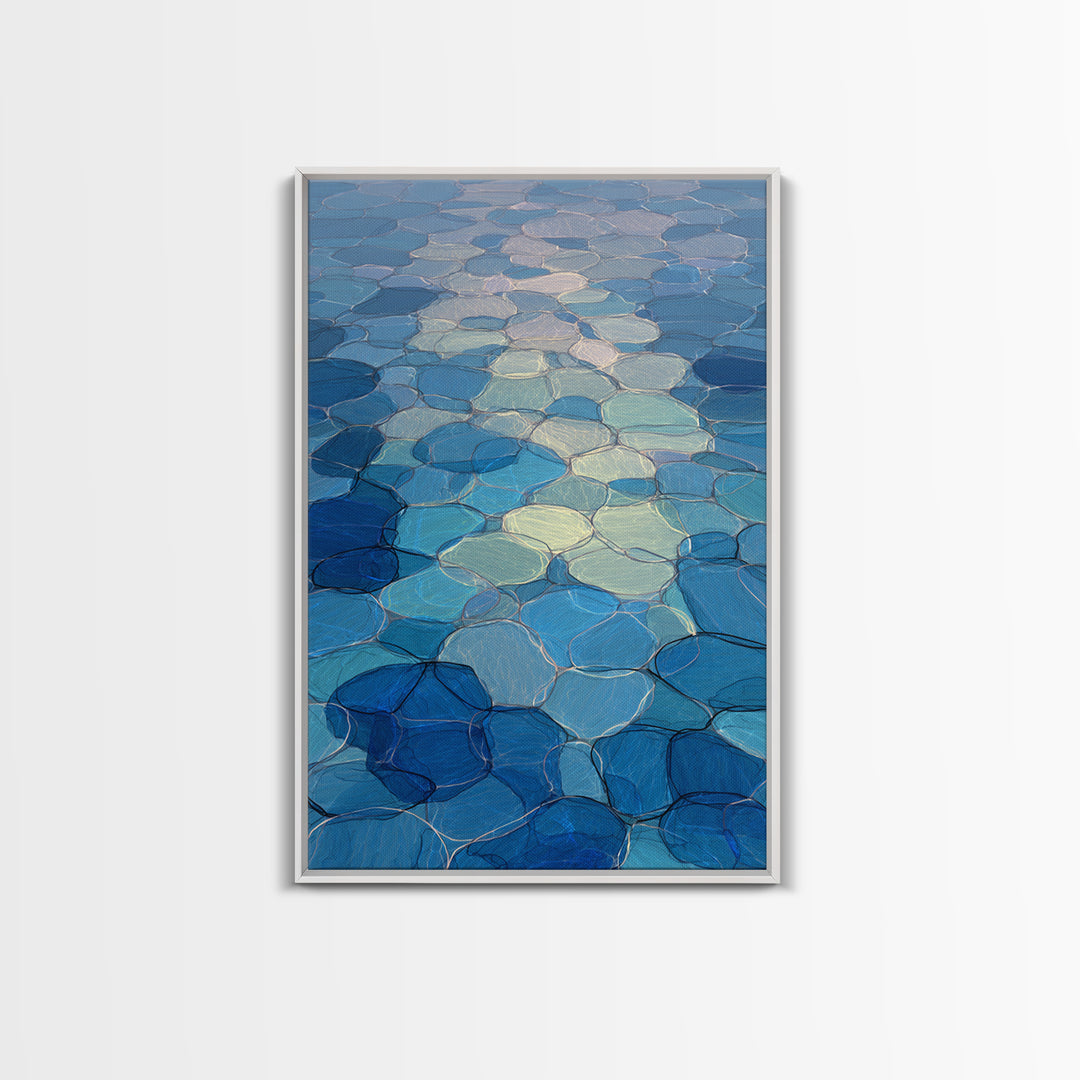 Blue Mosaic Water Path, Framed Canvas Print, Abstract Wall Art, Coastal Modern Decor, Calm Geometric Art For Bedroom And Home