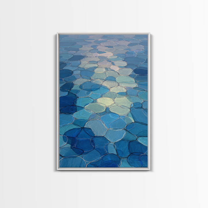 Blue Mosaic Water Path, Framed Canvas Print, Abstract Wall Art, Coastal Modern Decor, Calm Geometric Art For Bedroom And Home