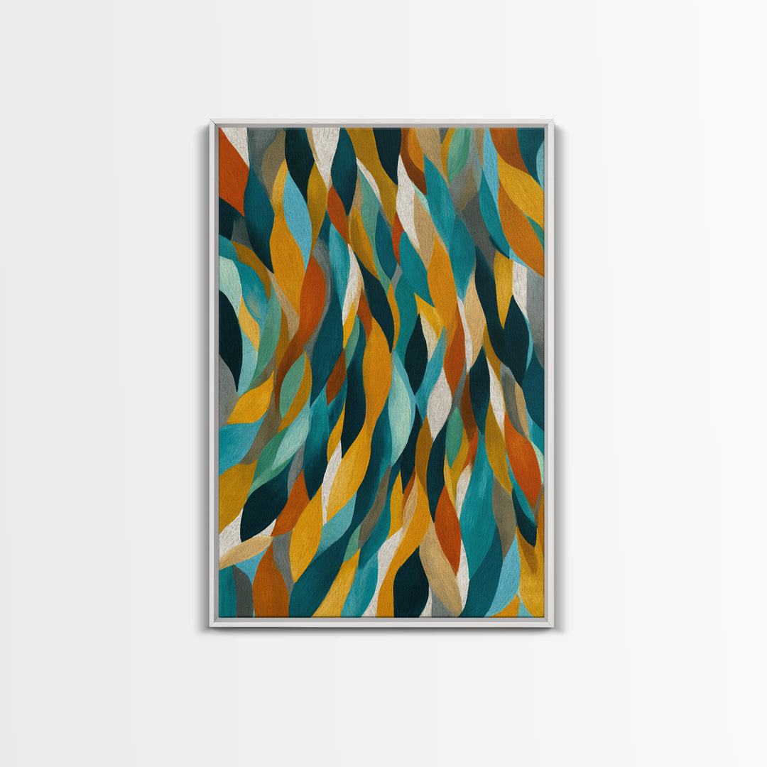 Layered Teal Mustard Leaf Abstract Wall Art, Mid Century Modern Canvas Print, Retro Geometric Statement Living Room Decor