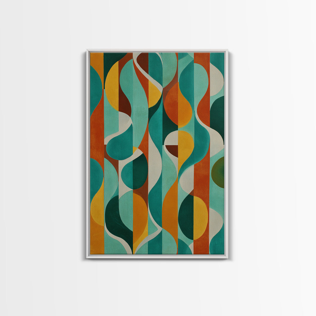 Teal Orange Circle Stripe Canvas Print, Mid Century Modern Wall Art, Bold Geometric Abstract Living Room Retro Home Decor