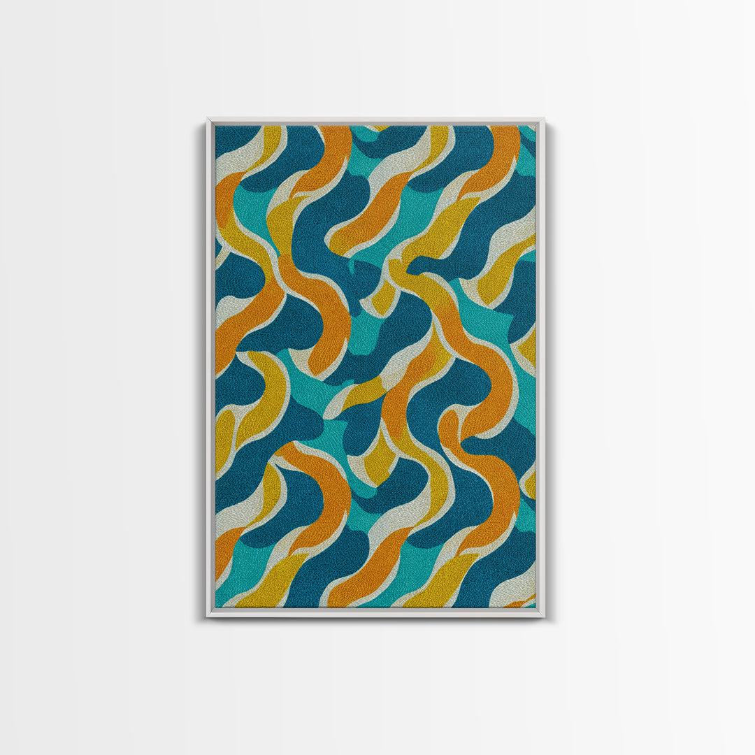 Wavy Teal Gold Ribbon Abstract Wall Art, Mid Century Modern Canvas Print, Retro Geometric Pattern Bedroom Living Room Decor